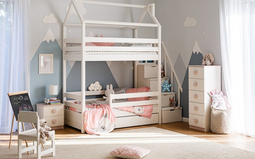 Кровать двухъярусная с продольной крышей, с лестницей-комодом Тимберика Кидс N18