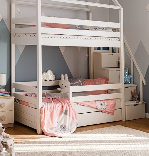 Кровать двухъярусная с продольной крышей, с лестницей-комодом Тимберика Кидс N18