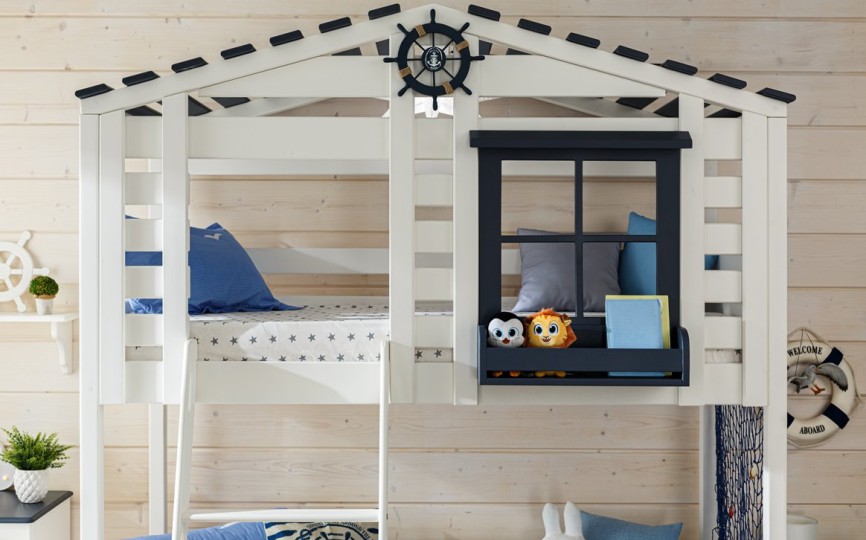 Кровать двухъярусная с надстройкой домиком, с наклонной лестницей Тимберика Кидс N20