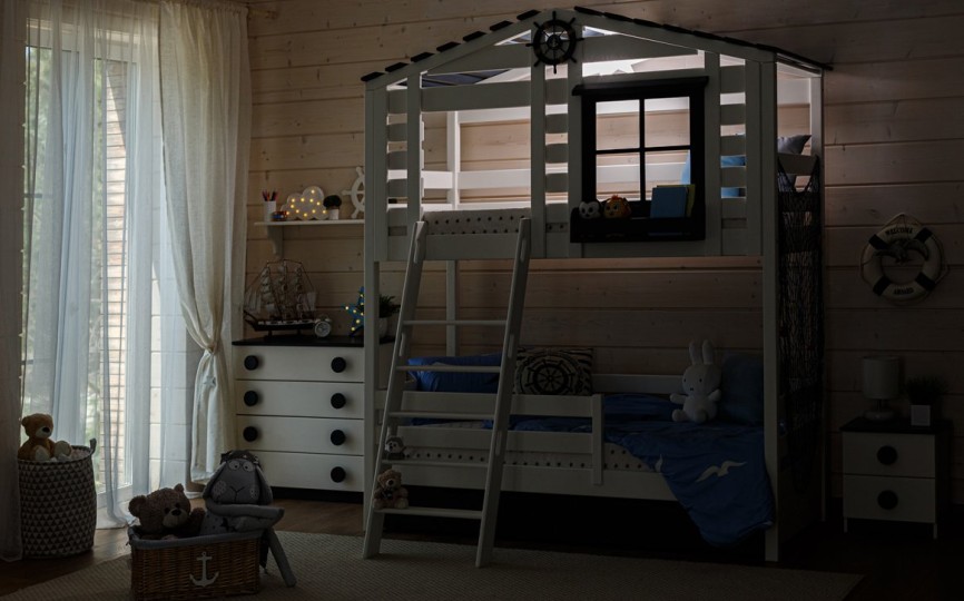 Кровать двухъярусная с надстройкой домиком, с наклонной лестницей Тимберика Кидс N20