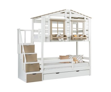 Кровать двухъярусная с надстройкой домиком, с лестницей-комодом Тимберика Кидс N21