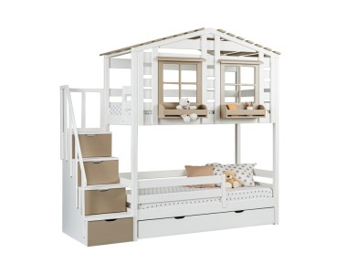 Кровать двухъярусная с надстройкой домиком, с лестницей-комодом Тимберика Кидс N21