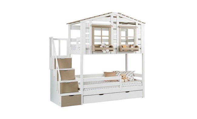 Кровать двухъярусная с надстройкой домиком, с лестницей-комодом Тимберика Кидс N21
