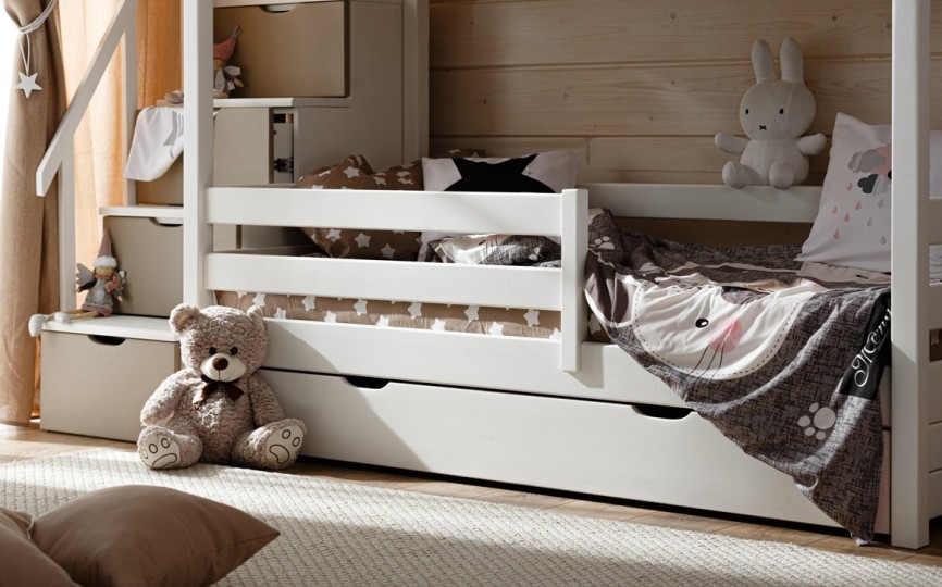 Кровать двухъярусная с надстройкой домиком, с лестницей-комодом Тимберика Кидс N21