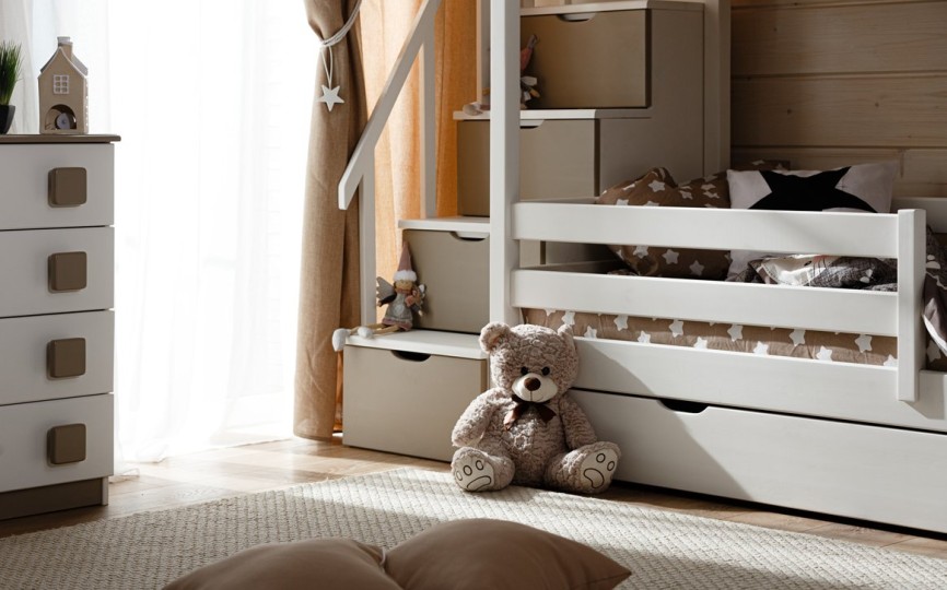 Кровать двухъярусная с надстройкой домиком, с лестницей-комодом Тимберика Кидс N21