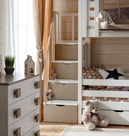 Кровать двухъярусная с надстройкой домиком, с лестницей-комодом Тимберика Кидс N21