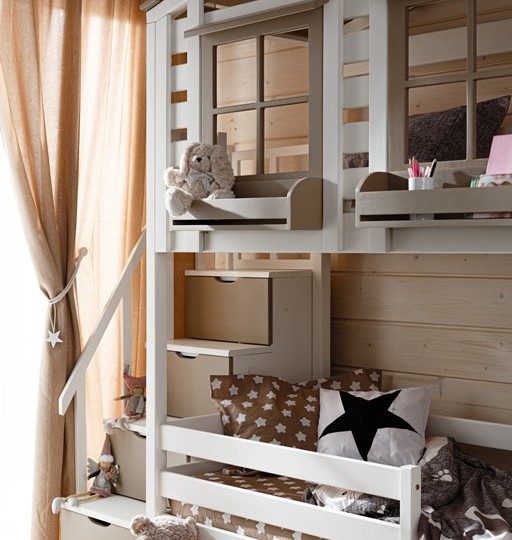 Кровать двухъярусная с надстройкой домиком, с лестницей-комодом Тимберика Кидс N21