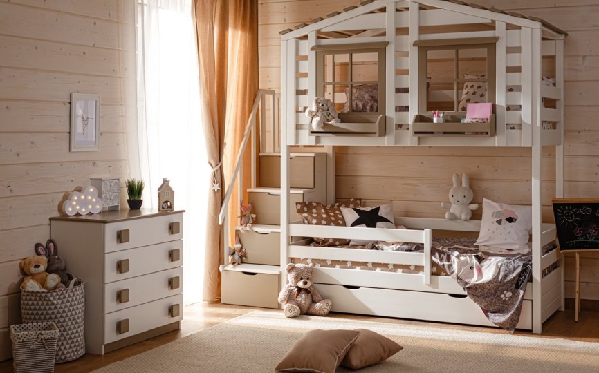 Кровать двухъярусная с надстройкой домиком, с лестницей-комодом Тимберика Кидс N21
