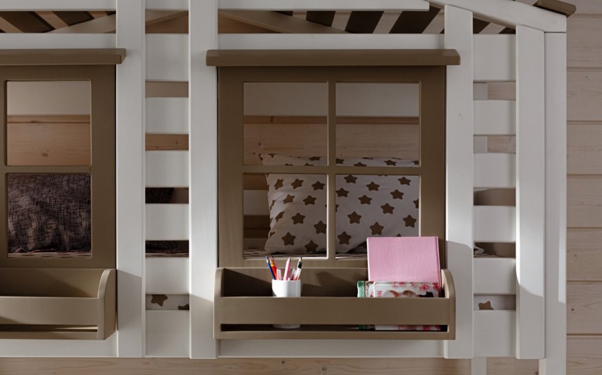 Кровать двухъярусная с надстройкой домиком, с лестницей-комодом Тимберика Кидс N21