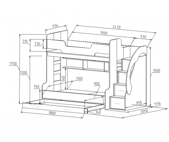Двухъярусная кровать с дополнительным спальным местом "Фанки Кидз-21" 