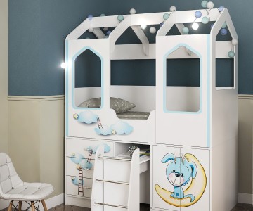 Кровать-чердак с лесенкой (160х80) белая с фотопечатью ДС-14