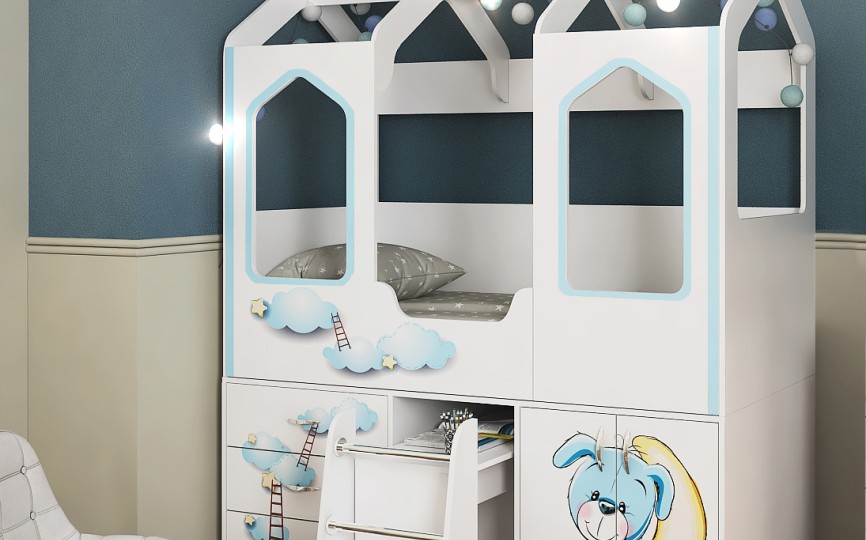 Кровать-чердак с лесенкой (160х80) белая с фотопечатью ДС-14 Кровать-чердак с лесенкой (160х80) белая с фотопечатью ДС-14