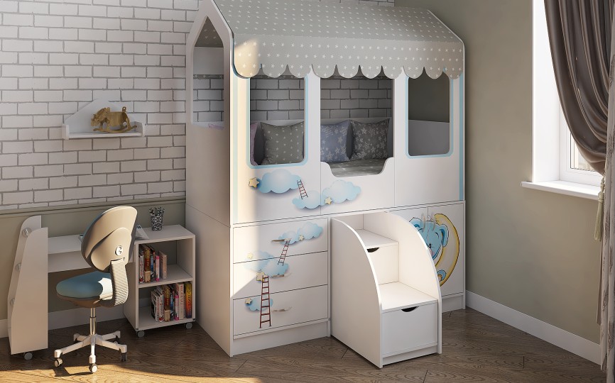 Кровать-чердак с лесенкой (160х80) белая с фотопечатью ДС-14 Кровать-чердак с лесенкой (160х80) белая с фотопечатью ДС-14